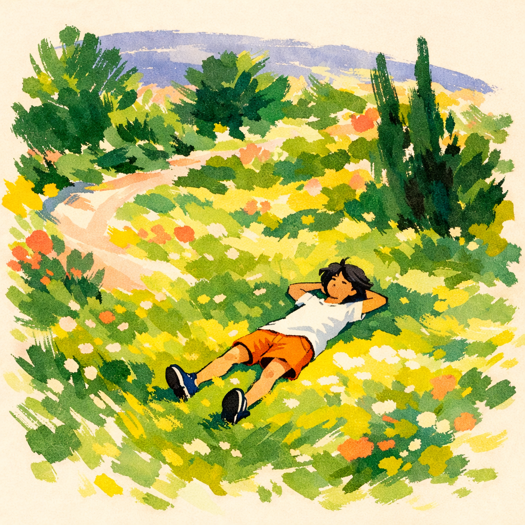 Child relaxing outdoors in nature — spending 90 minutes or more outside daily helps slow childhood myopia progression