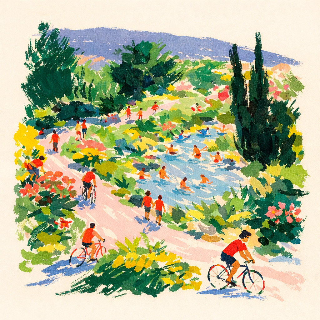 Illustration of people enjoying outdoor activities like cycling and swimming — staying active helps protect your eye health and reduces glaucoma risk factors