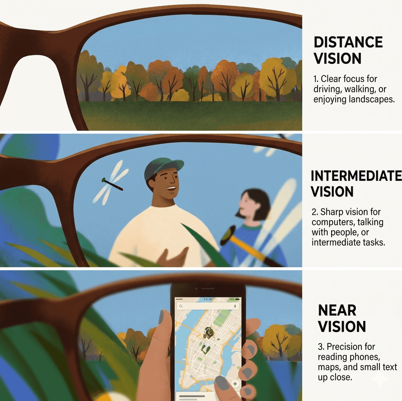 Progressive lens vision zones diagram showing distance vision for driving, intermediate vision for computers, and near vision for reading phones and books